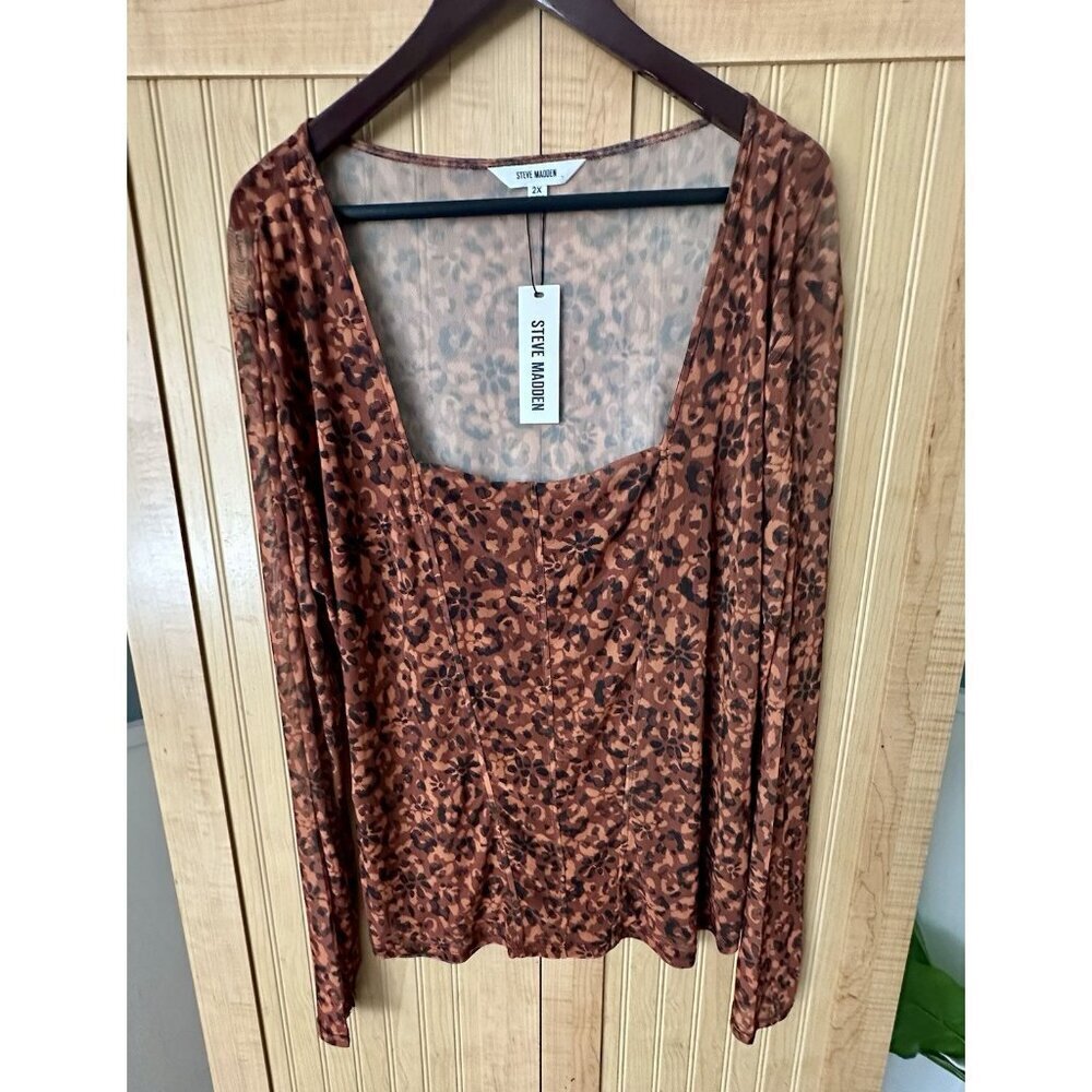 NWT Steve Madden Women’s Hayden Long Sleeve Sheer Brown Square Neck Top - Sz 2X - Picture 9 of 9